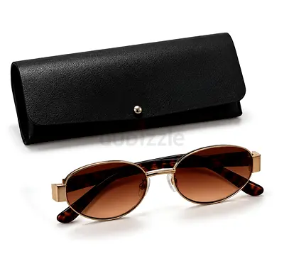Vintage-style oval brown gradient sunglasses with black case