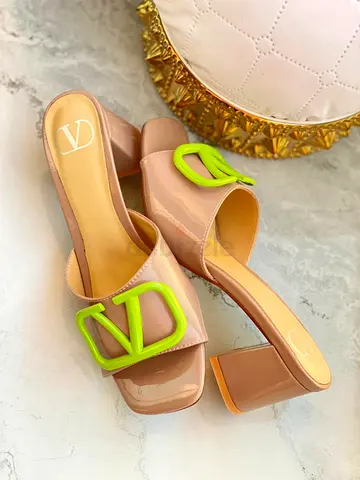 Beige Patent Block Heel Mules with Lime Green Logo Detail - Size Unknown
