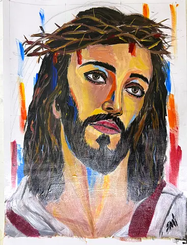 Original Acrylic Painting of Jesus with Crown of Thorns - Signed