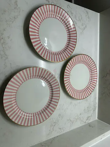 Set of 3 H&M Home Pink Striped Plates with Gold Rim