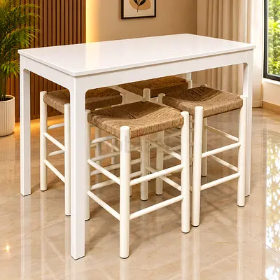 White Wooden Bar Table with 4 Woven Seat Stools - Compact Dining/Breakfast Set