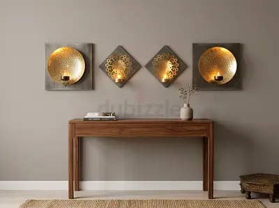Set of 4 metal medallion wall sconce / candleholders with Gold Accents