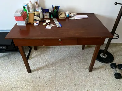 Solid wood writing desk with single drawer - brown