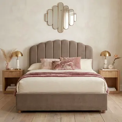 Comfortable Upholstered Bed – Thick Cushioned Headboard – Soft Beige Fabric
