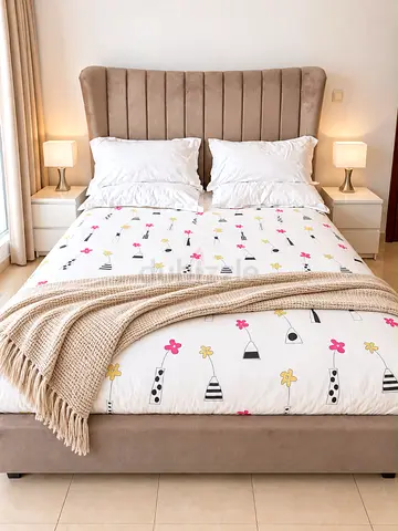 King Size Bed with Mattress - Velvet Channel Headboard - Like New