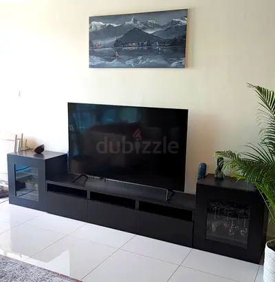 Black modern entertainment TV unit with storage and 2 display cabinets