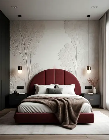Modern Burgundy Upholstered Bed with Rounded Headboard