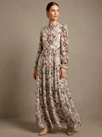 Long Paisley Print Maxi Dress with Long Sleeves فستان محجبات تفصيل طويل باكمام طويلة مكشكش