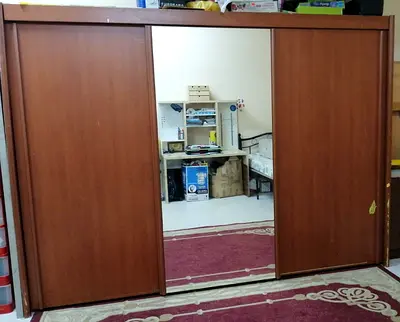 Large Wooden Sliding Wardrobe with Mirror - Good Condition
