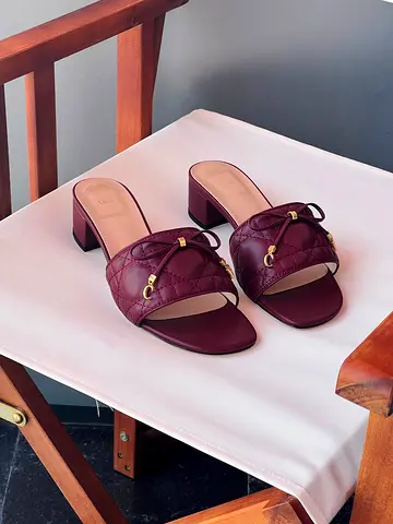 Maroon Quilted Leather Slip-On Block Heel Sandals - Size Unspecified