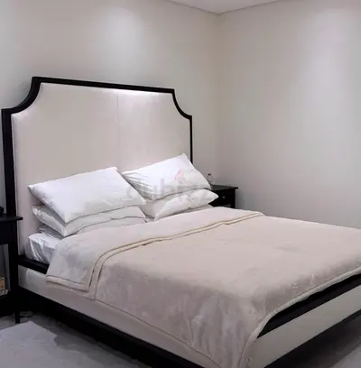 Full size upholstered bed frame with headboard - cream & black