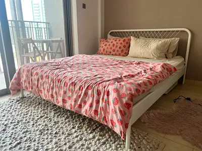 White metal double bed frame with mattress (used- in a very good condition). Queen size; firm mattre