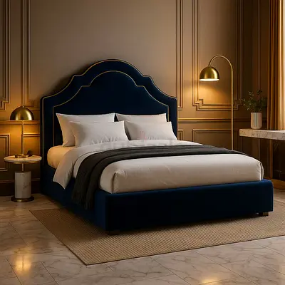 Dark Blue Velvet Upholstered Double Bed with Padded Headboard