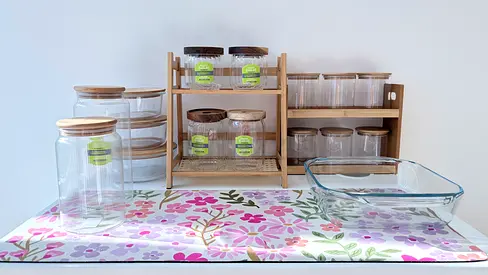 Kitchen Storage Bamboo and Glass – Like New | AED 99 | Pickup Skycourts Towers, Dubailand