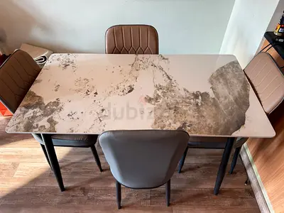 Set of white stone table + 4 Modern Brown Faux Leather Dining Chairs - perfect Condition ( used only