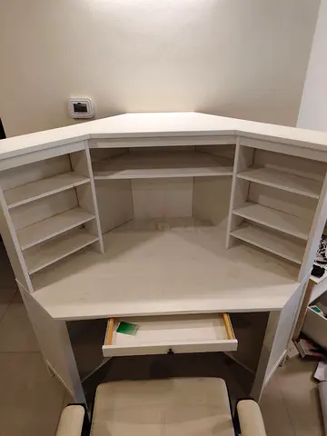 White Corner Office Desk with Shelves and Drawer