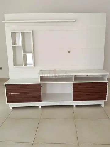 White and Wood TV Entertainment Unit with Wall Panel
