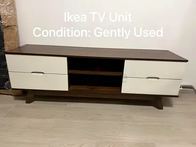 IKEA TV unit - walnut top with white drawers, gently used