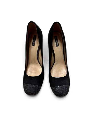 Massimo Dutti black leather heels with glitter toe cap - size 39