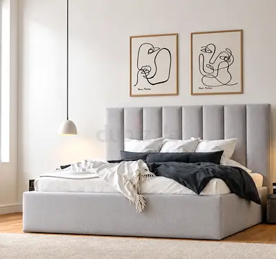 New Upholstered Grey King size Bed with Padded Headboard and mattress