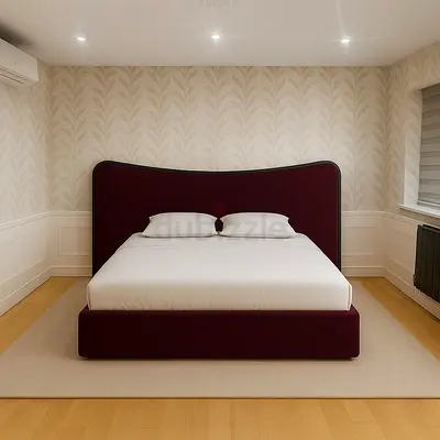 Modern upholstered double bed with curved headboard - burgundy