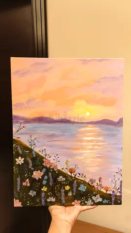 Original 30x40 Floral Seaside Sunrise Acrylic Painting on Canvas.