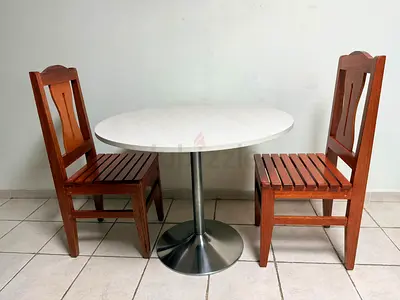 Round dining table with 2 wooden chairs - compact set