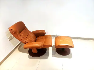 Genuine Leather Swivel Recliner with Ottoman – Tan Lounge Chair Set