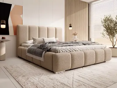 Upholstered Beige King Bed with Padded Headboard