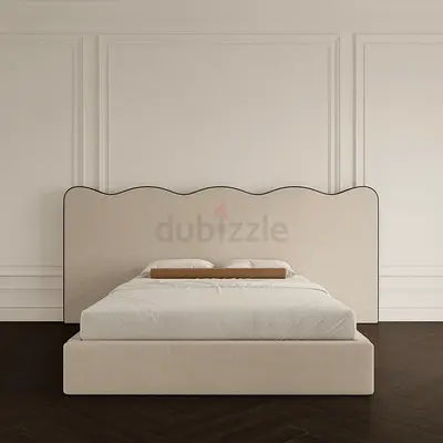 Modern upholstered queen bed with scalloped headboard - beige