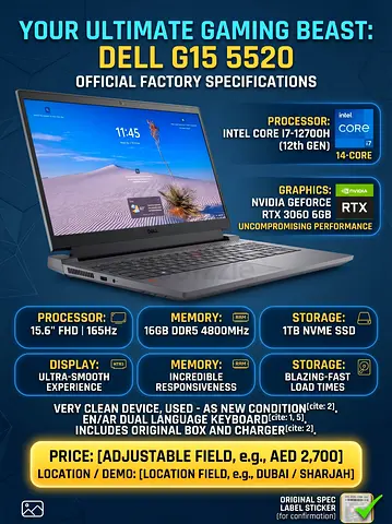Dell G15 5520 Gaming Laptop | i7-12700H / RTX 3060 / 16GB RAM / 1TB SSD / 165Hz -Clean with Original