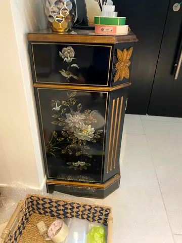 Black Lacquered Decorative Cabinet with Hand-Painted Floral Design