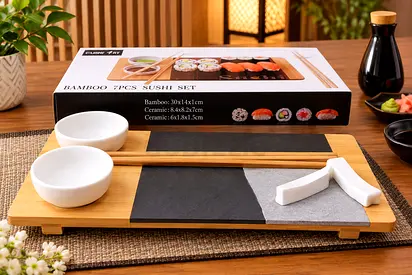 Bamboo 7-piece Sushi Serving Set with Ceramic Dishes and Chopstick Rest