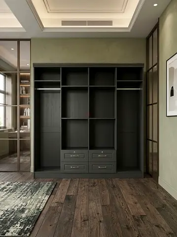 Solid Dark Wood Built-in Wardrobe with Shelves and Drawers