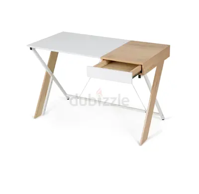 Modern white and wood study desk with drawer - compact computer table