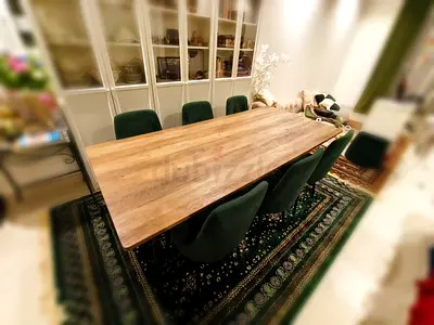 Solid Wood Dining Table with 6 Green Velvet Chairs - Excellent Condition