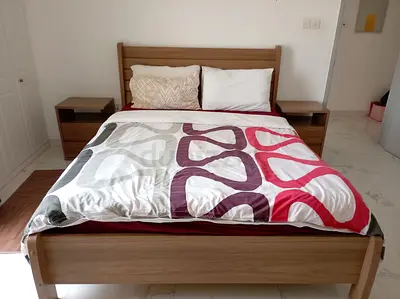 Wooden Double Bed Frame with Matching Nightstands - Good Condition