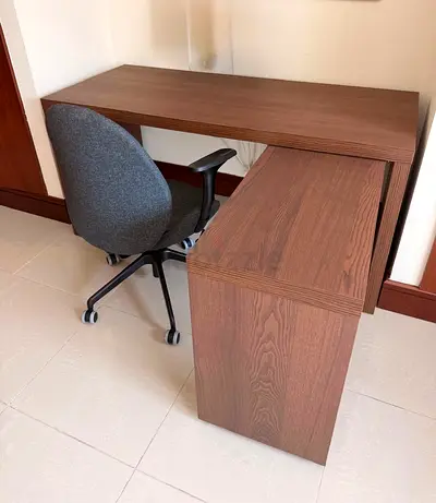 L-shaped wooden study desk with storage cabinet - good condition
