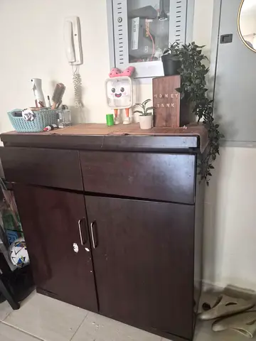 Dark wood shoe rack and shelves - good condition