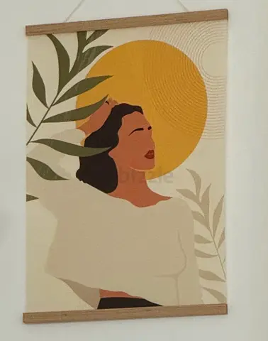 Modern Boho Wall Hanging Tapestry - Woman Illustration, Wooden Rods