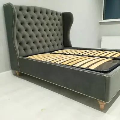 Grey Upholstered Wingback Bed Frame with Tufted Headboard - King Size