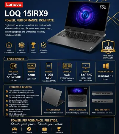 Lenovo LOQ 15IRX9 Gaming Laptop — Intel i7-13450HX, 16GB, 512GB SSD, RTX 4060, 15.6" FHD