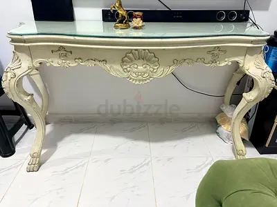 Vintage console table with glass top - cream finish