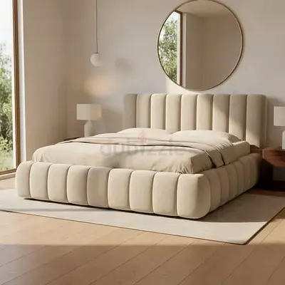 Beige Upholstered Modern Platform Bed with Padded Headboard