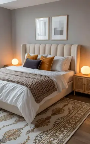 Queen upholstered bed with winged headboard