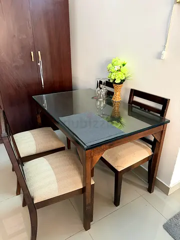 Glass Top Dining Table with 4 Wooden Chairs - Excellent Condition