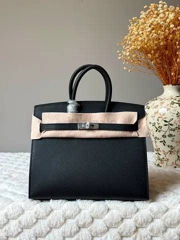 Structured black leather top-handle handbag, medium size