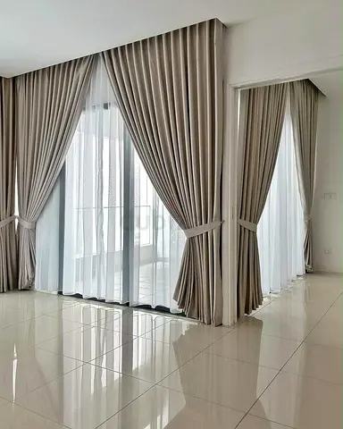 Floor-to-Ceiling Ripple Fold Curtains + Sheer Panel (Beige / Taupe)