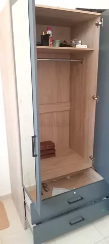 Two-door wardrobe with mirror and drawers – light wood finish