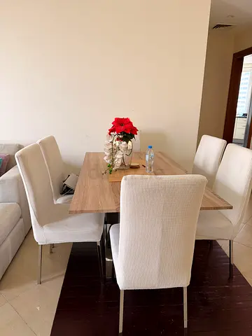 Wood Finish Dining Table with  6 Upholstered Chairs - Light Beige